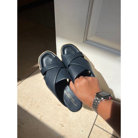 Andre Assous Dark Blue Leather Espadrille Platform Slip On Wedge Sandals 39 EU - Picture 12 of 12